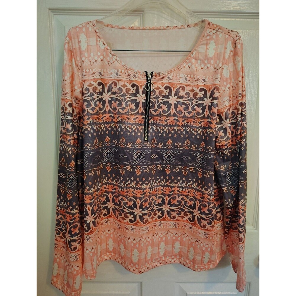 Women’s Pink Navy Geometric Print Scoop Neck Long Sleeve Zip Top